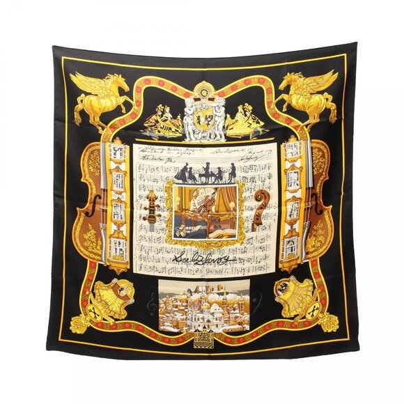 HERMES Carre 90 IN SALZBURG Scarf silk Black gold Multicolor Used Women